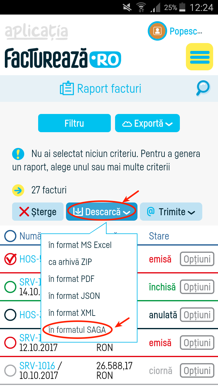 Cum export o factură în SAGA? - pasul 5