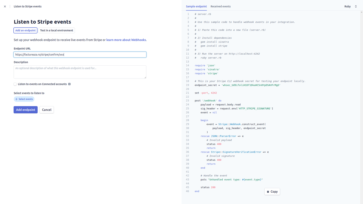 Integrarea cu Stripe - pasul 3