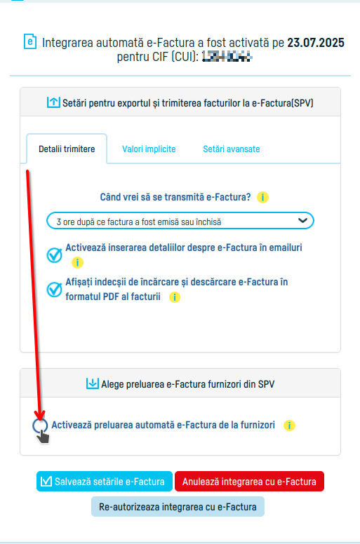 Cum activezi preluarea automată din SPV a e-Facturilor - pasul 2