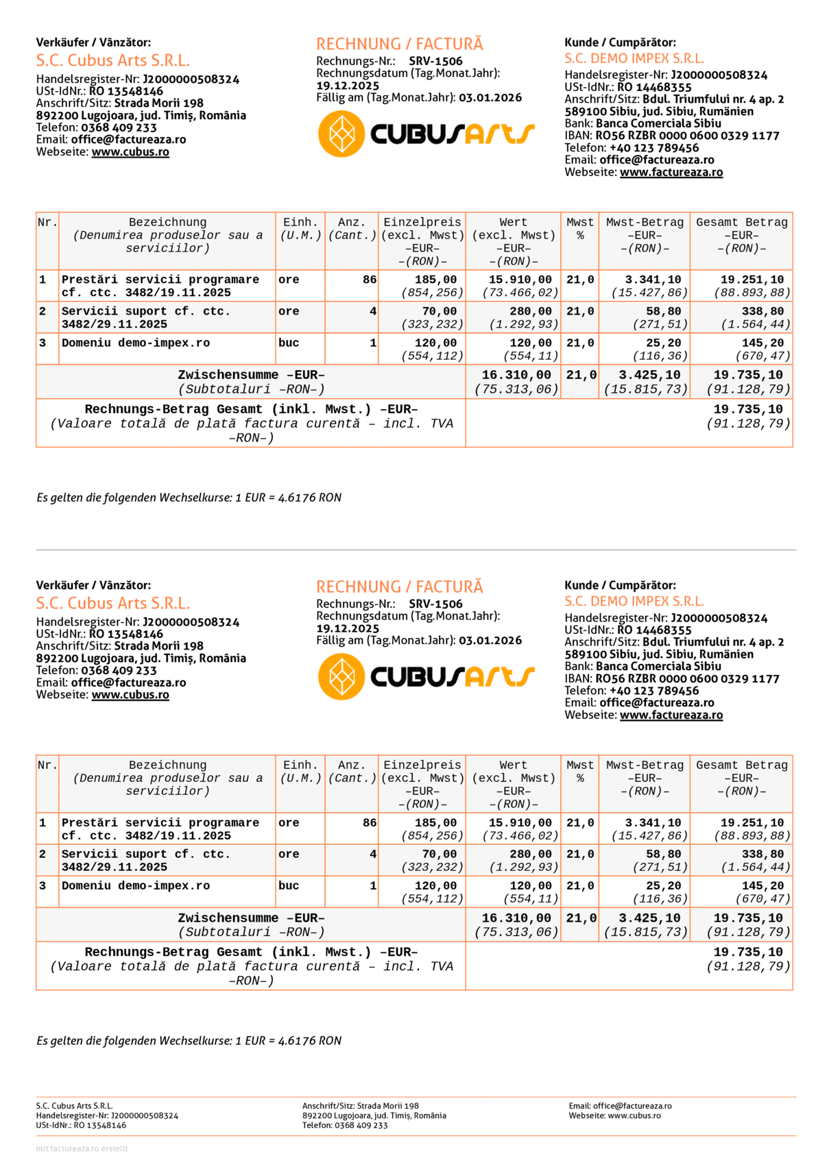 Factură 2x per A4, Euro + RON, germană